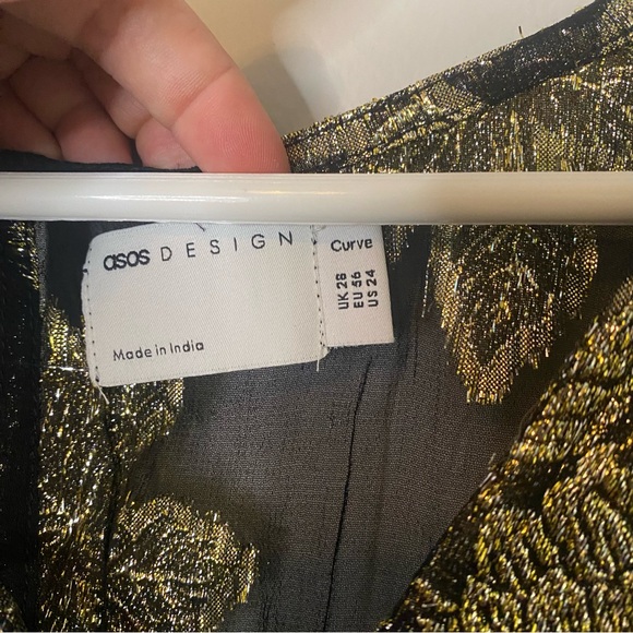 ASOS DESIGN Curve Metallic Frill Mini Dress With Lace Up  Neck In Black Pattern - Picture 11 of 14